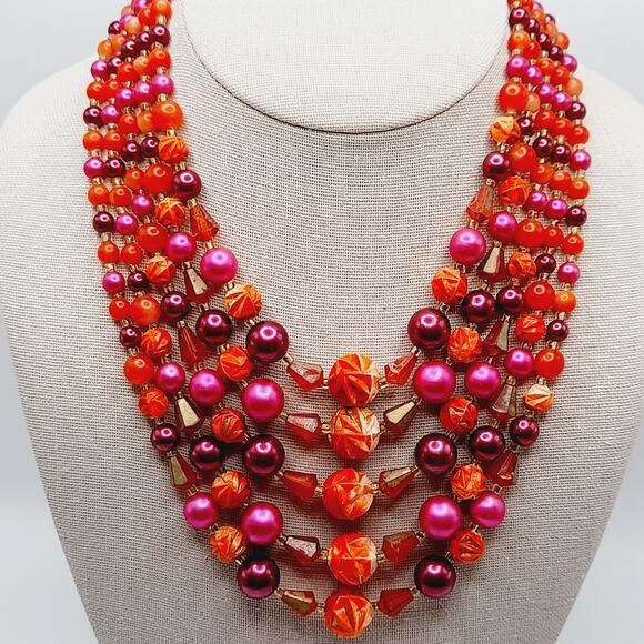 Vintage Japan 1950s 5 Strand Red Pink Beaded Necklace 17” Signed Hook - Picture 7 of 12